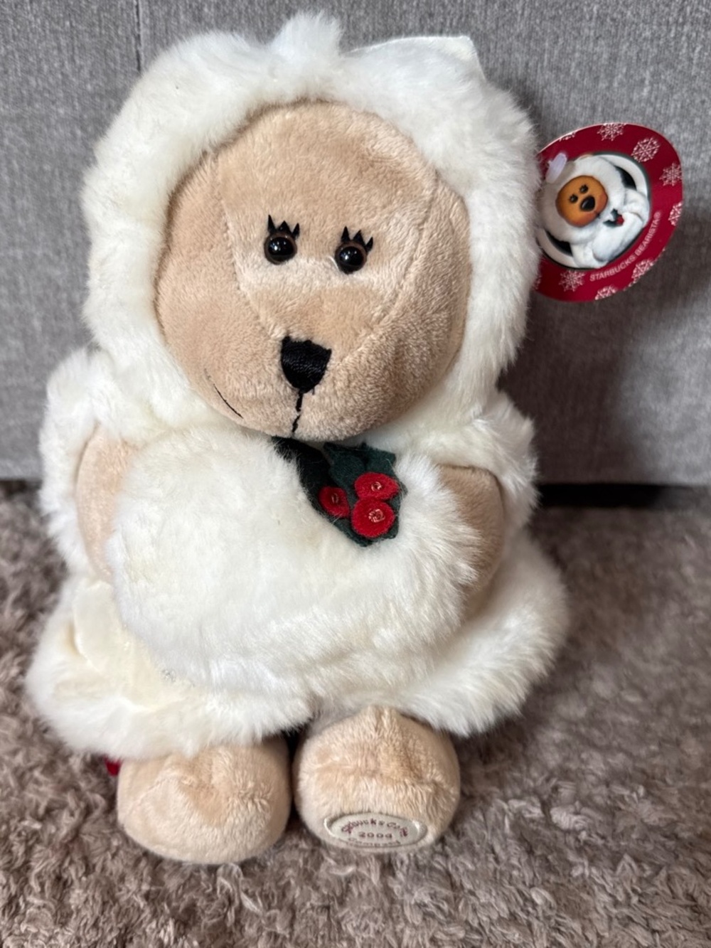 Starbucks Bearista Holiday Plush Bear 2004 White Hooded Coat Scarf Red Green NWT